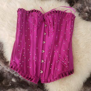 Purple Satin Over the Bust Corset - Sz M - Rhinestones and Pleats. Boned.